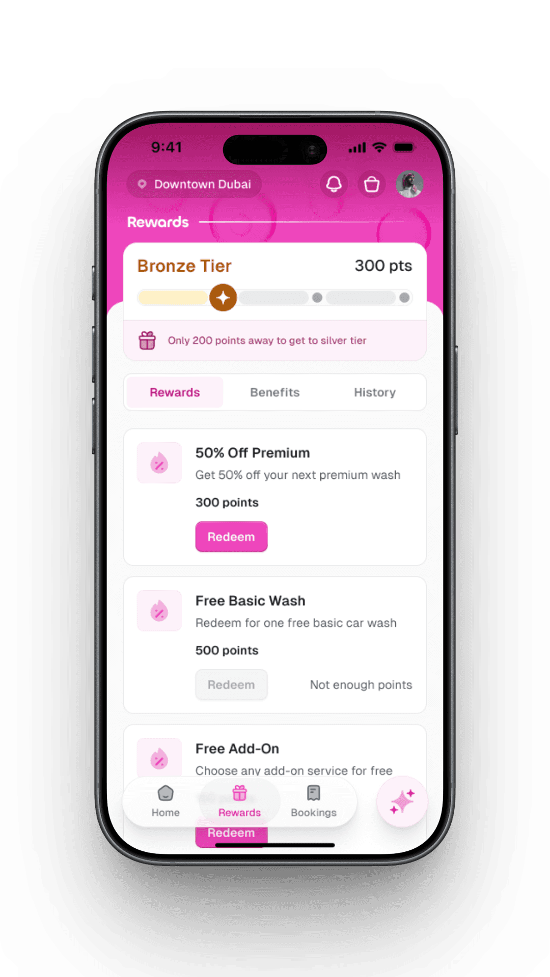 YallaWash app rewards screen
